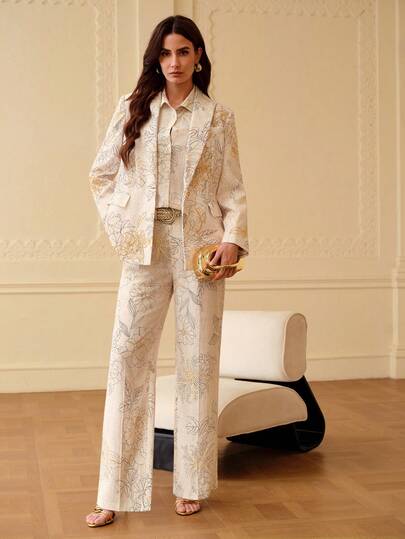 ZEYLAH ז'קט חליפה עם חזה יחיד, מודפס ורקום, צווארון מנדרינית, אביב/קיץ