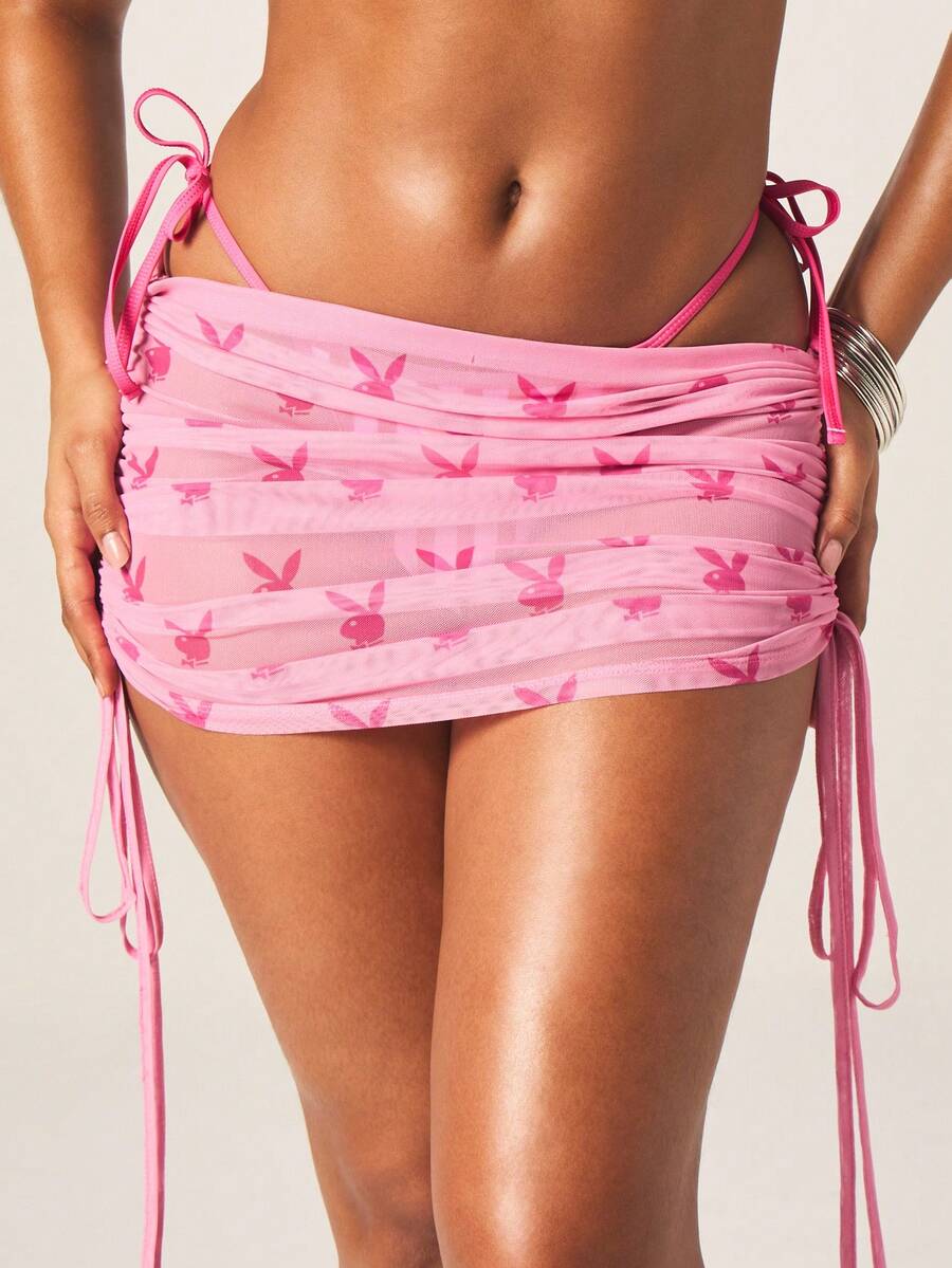 Missguided x Playboy Bunny Printed Ruched Side Tie Beach Cover Up Mini Skirt With Adjustable Drawstrings Summer Vacation Wrap Sarong - Pink - View 1