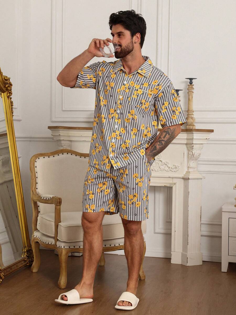 DAZY Summer Short Sleeve Floral Print Casual Pajama Set For Men - Multicolor - View 1