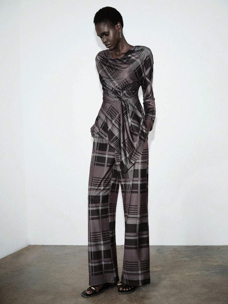 Lumivelle Women's Dark Grey Plaid 2 Pieces Set,Autumn Elegant Dining Outfit,Wrap-Style Draped Collar,Waist Ruching,High-Waisted Wide-Leg Straight Pants,Retro - Multicolor - View 1