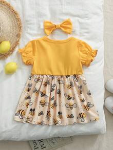 SHEIN 1pc Newborn Baby Girls Butter Yellow Bee Print 2 In 1 Dress,Cute Summer Short Sleeve Puff Sleeve Ruffle Hem Bow Decor Dress For Birthday Photo Shoots - Yellow - View 2