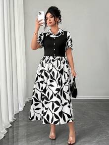 SHEIN Elenzya Plus Size 2 In 1 Floral Print Patchwork Short Sleeve Dress,Shirt Collar,Summer Leaf Print Retro Midi Button Dress,Black And White,Elegant,Tea Party - Black - View 5