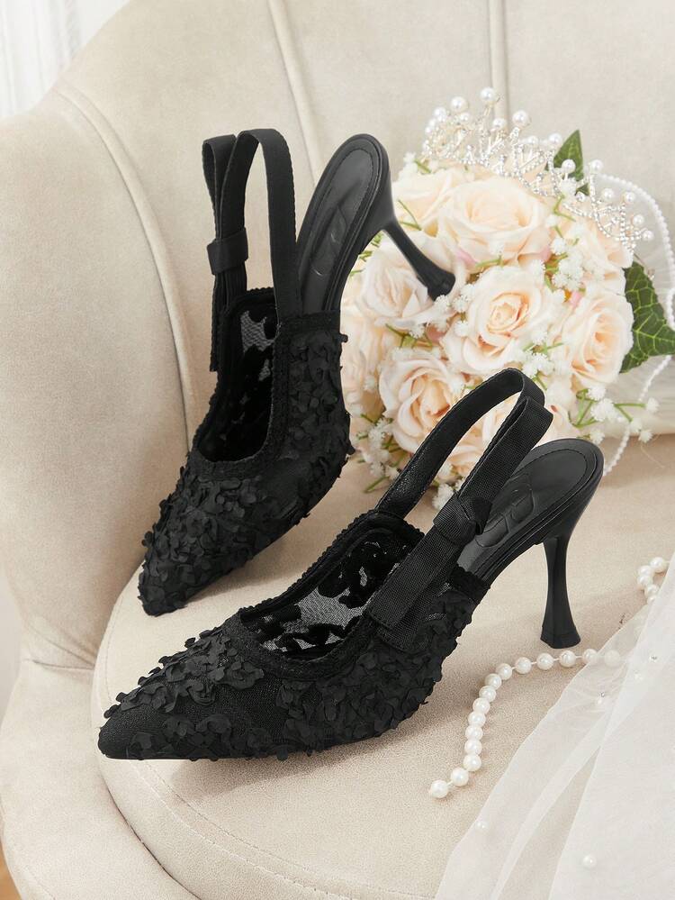 CUCCOO HITCHD Women Shoes Spring Summer Stereo Petal Bow Pointed Retro Mesh Black Mule Shoes Wedding Party Dating