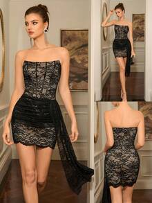 Poshira Vestido de cóctel de mujer con bandeau de encaje y falso espina de pescado - Negro - Ver 1