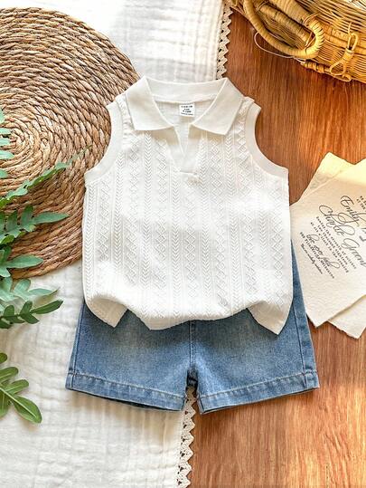 SHEIN Vintaside Kids Baby Boy Summer Versatile Casual Collar Sleeveless Minimalist Top Paired With Fashionable Washed Denim Shorts Set, Suitable For Daily Wear, Family Camping, Dining Or Shopping