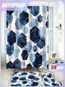 1/4pcs Blue Shower Curtain Set Modern Art Geometric Bathroom Set Navy Blue Bathroom Curtain Set With 12 Hooks Bathroom Rug Bathroom Mat And Toilet Rug - Multicolor - View 1