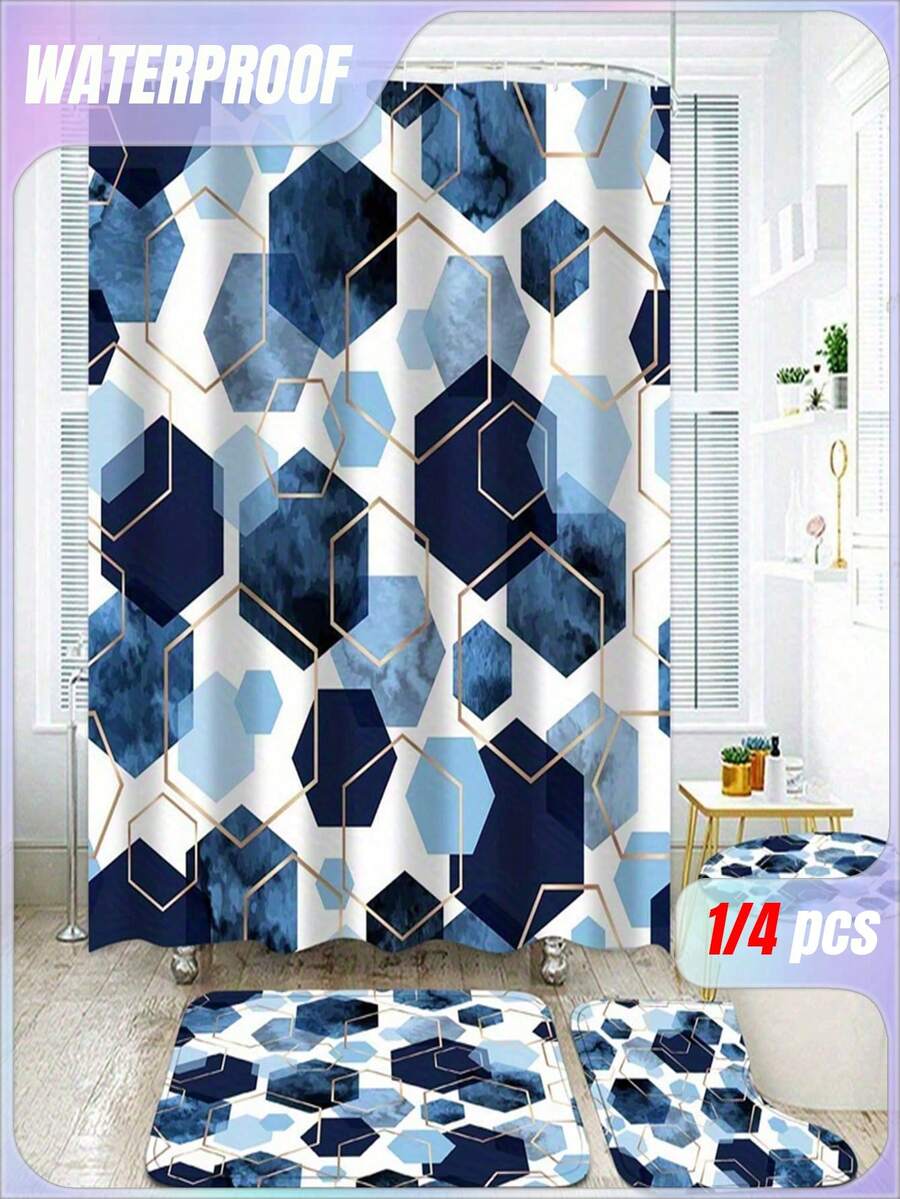1/4pcs Blue Shower Curtain Set Modern Art Geometric Bathroom Set Navy Blue Bathroom Curtain Set With 12 Hooks Bathroom Rug Bathroom Mat And Toilet Rug - Multicolor - View 1