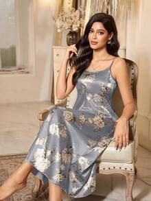 SHEIN 优雅印花缎面吊带裙 - 灰色 - 查看 3