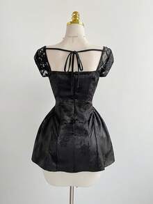 Elamini Fashionable Sweet Date Satin Jacquard Contrast Lace Sexy Backless Mini Dress - Black - View 2