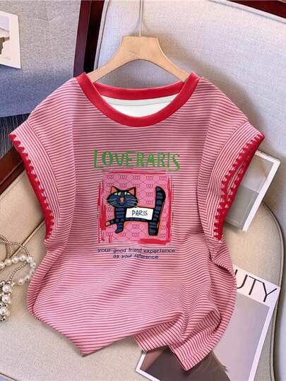 Resyla T-shirt mode femme avec broderie de chat mignon, rayures et blocs de couleurs rétro américain