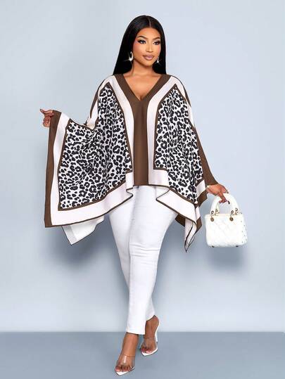 SOLERSUN Plus-Size Women's Fashion Leopard Print Patchwork Solid Color Positioning Print Deep V-Neck Loose Casual Blouse, Retro Temperament Casual Flowy Blouse, Batwing Sleeve Long Shirt, Suitable For Daily Commuting And Beach Vacation, St. Patrick's Day, Easter, Music Festival, Four-Leaf Clover, Street Style, Picnic, Daily Commuting Comfortable Fashion Versatile Top, Bohemian Style, Modern, Dignified, Fairy-Like, New Style.