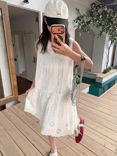 DAZY Đầm không tay màu trơn ren xếp nếp cho bé gái tuổi teen đi nghỉ hè