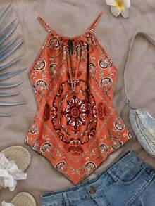 Franclia 大码休闲吊带复古印花波西米亚风吊带背心橙色夏季上衣头巾上衣女式波西米亚风上衣女式波西米亚风夏季上衣围巾上衣女式头巾上衣女式衬衫女式休闲现代夏季女式上衣 - 彩色 - 查看 2