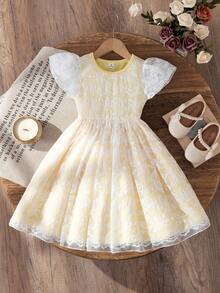 Đầm công chúa mùa hè mới ngọt ngào dễ thương màu vàng phối ren lưới dệt kim co giãn cổ tròn eo rộng kiểu công chúa, thích hợp mặc hàng ngày, biểu diễn, dự tiệc, đi nghỉ mát cho bé gái, thích hợp cho mặc thường ngày, biểu diễn, dự tiệc, đi nghỉ mát. - Màu vàng - Xem 3