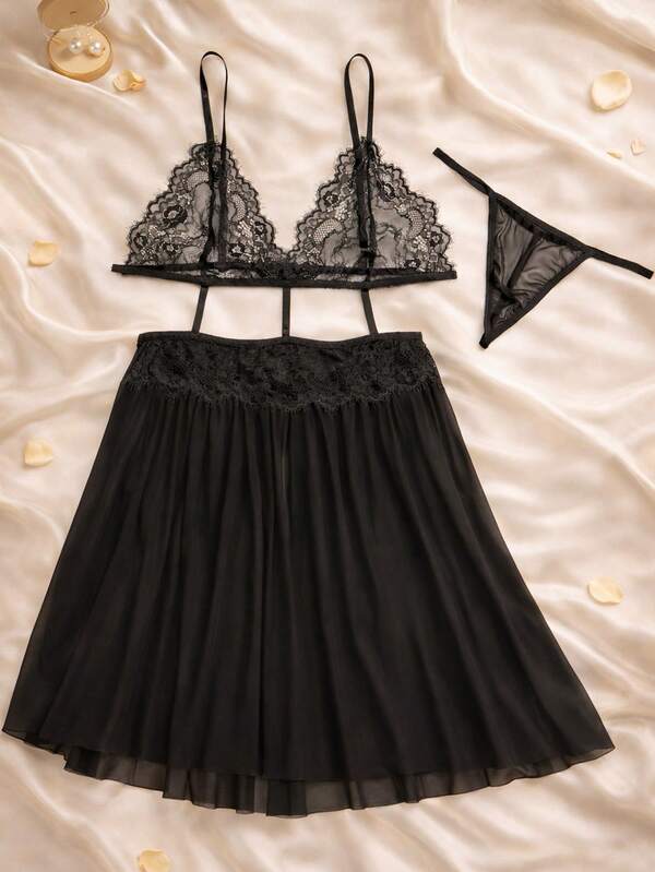 Conjunto de pijama sexy de dos piezas para mujer, talla única, color sólido, con encaje en contraste ,estampado en parte abdominal y escote en lineas