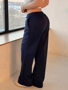 Katetique Grey 87 Embroidered Low Waist Waistband Contrast Ribbed Drawstring Tie Slant Pockets Straight Leg Loose Sweatpants, Casual Homewear, Daily Wear, Retro Sports, Minimalist Design, For Women, Spring/Summer - Navy Blue - View 2