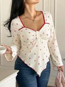 Vionelle 大码女式法式休闲优雅樱桃印花长袖衬衫 - 杏色 - 查看 5