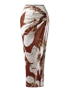 Swim Oasis Bộ 2 món dành cho nữ, gồm áo tắm liền thân một mảnh màu trơn xếp ly và khăn sarong in họa tiết. - Cà phê nâu - Xem 4