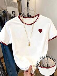 Tween Girls' Round Neck Heart Print Casual Versatile Daily Wear Short Sleeve T-Shirt - White - View 1