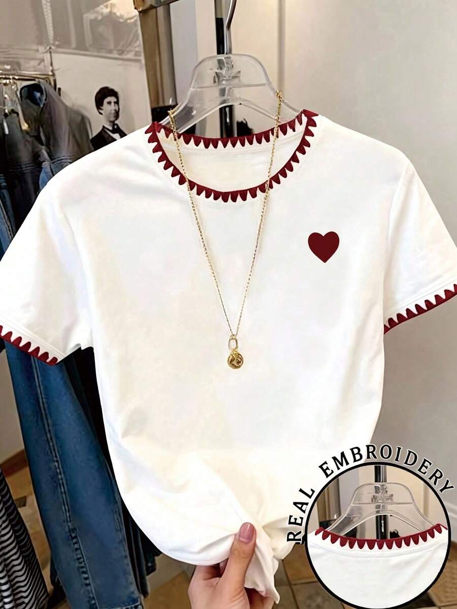 Tween Girls' Round Neck Heart Print Casual Versatile Daily Wear Short Sleeve T-Shirt - White - View 1