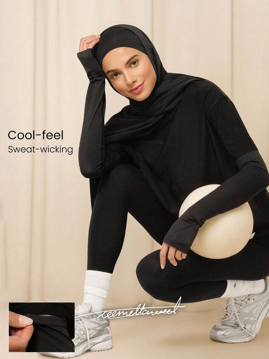 GLOWMODE X Reem Modest Power Palms Cooling Quick-Dry Sun-Proof Anti-Slip Cuff Grips Reflective Logo Thumbholes Fitted Arm Sleeves Training Gym Studio Daily Active Wear - Black - View 1