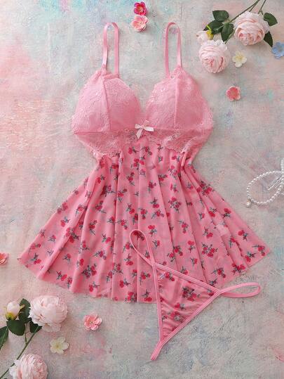 Pink Lace Patchwork Floral Slip Dress For Women, Sexy Nightgown