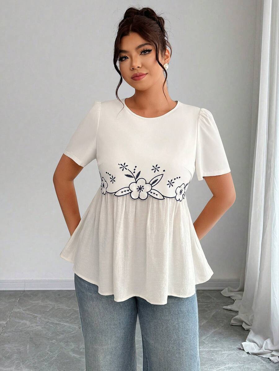 Elenzga Plus Size Women's Casual Everyday Elegant Round Neck Embroidered Splicing Blouse, Spring/Summer - Apricot - View 1
