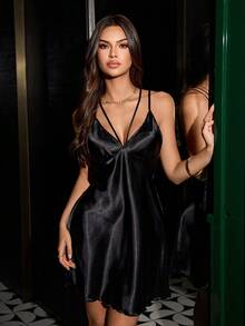 SHEIN Satin Sexy Lace Backless Slip Dress For Women - Black - View 5