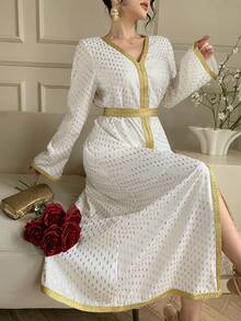 DAZY Women's V-Neck Gold Printed Cinched Waist Waist Elegant Dress For Formal Events Sundress - White - View 1
