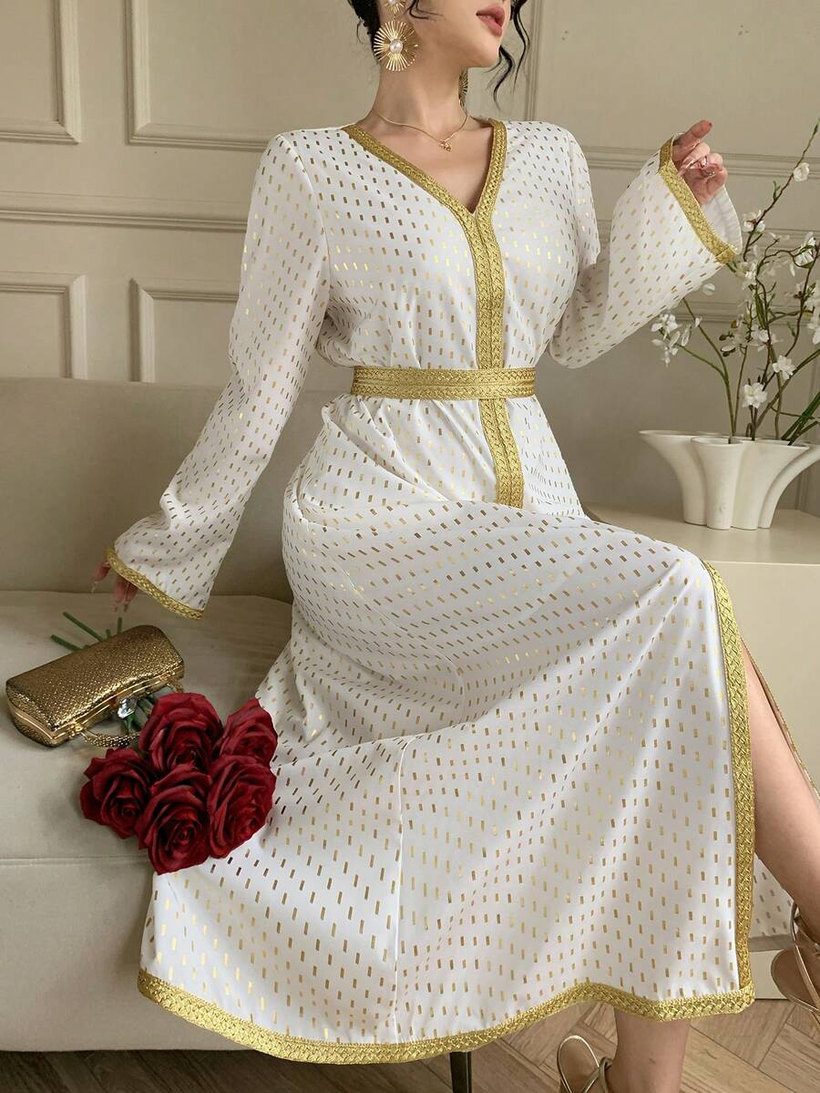 DAZY Women's V-Neck Gold Printed Cinched Waist Waist Elegant Dress For Formal Events Sundress - White - View 1