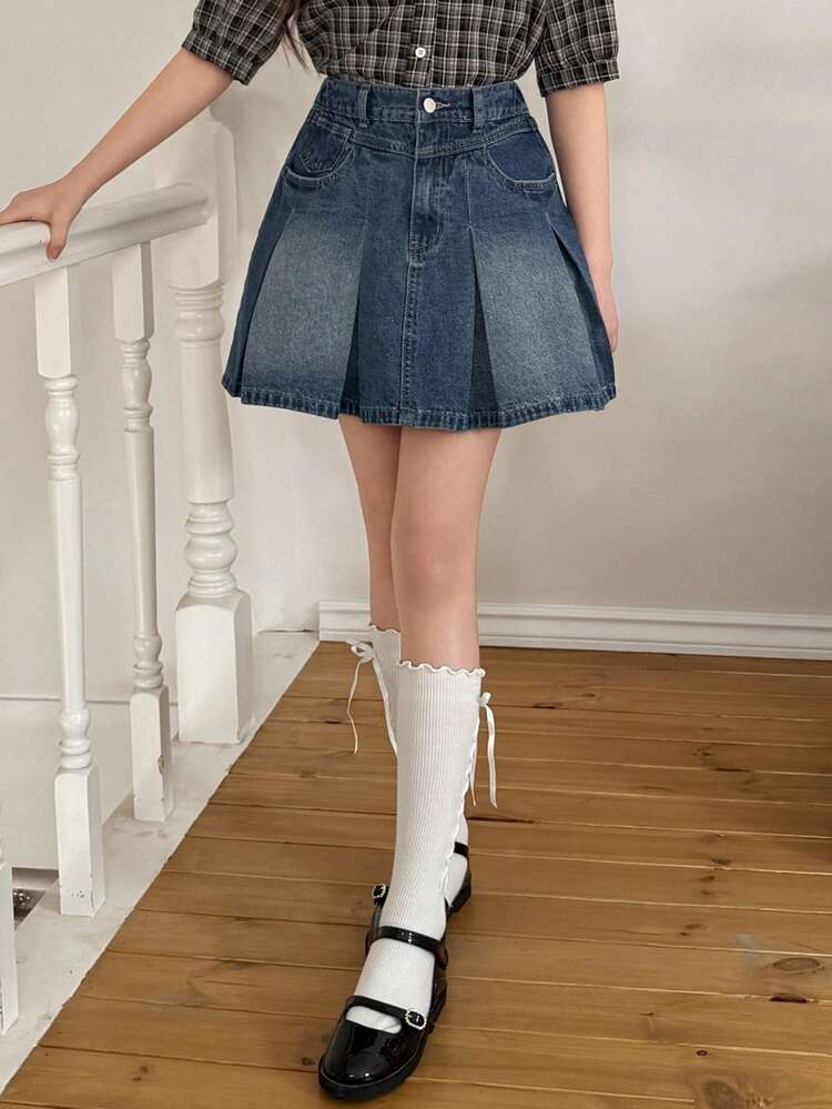 Tween Girls Denim Pleated Skirt Summer