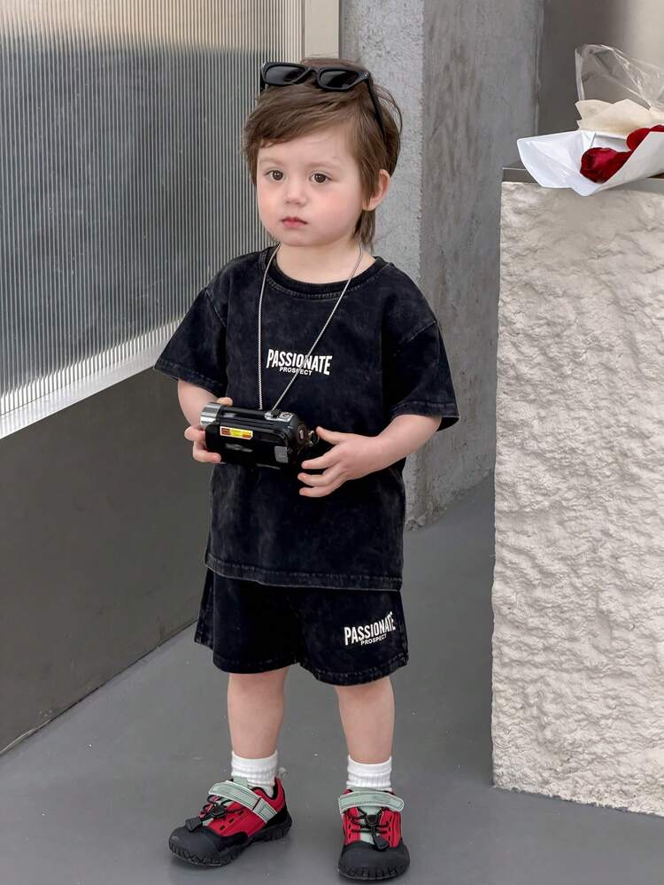 Baby Boys' Round Neck Washed Street Style Casual 2-Piece T-Shirt Set Summer