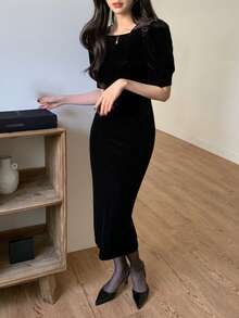 Dazy Tall 高个女式天鹅绒花瓣袖连衣裙，翻领设计 - 黑色 - 查看 7