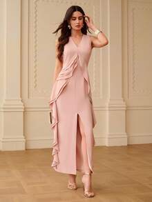 ZEYLAH Elegant V-Neck Ruffle Hem Fitted Dress, Spring/Summer - Dusty Pink - View 4