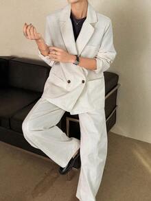 DAZY Bộ đồ denim nữ dáng rộng gồm áo khoác blazer và quần ống đứng, kiểu dáng thường ngày. - trắng - Xem 3