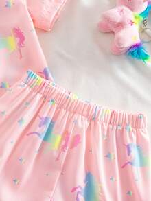 Conjunto de pantalones cortos y blusa de manga corta con estampado de lazos rosa para niña, ropa de estar en casa ignífuga - Multicolor - Ver 5