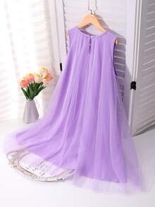 SHEIN Vestido elegante de moda para niñas con volantes y decoración de perlas en malla - Púrpura malva - Ver 3