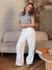 Katetique Pulover casual tricotat de culoare solidă pentru femei, simplu și la modă, ținută de zi cu zi - Gri - Vizualizare 5