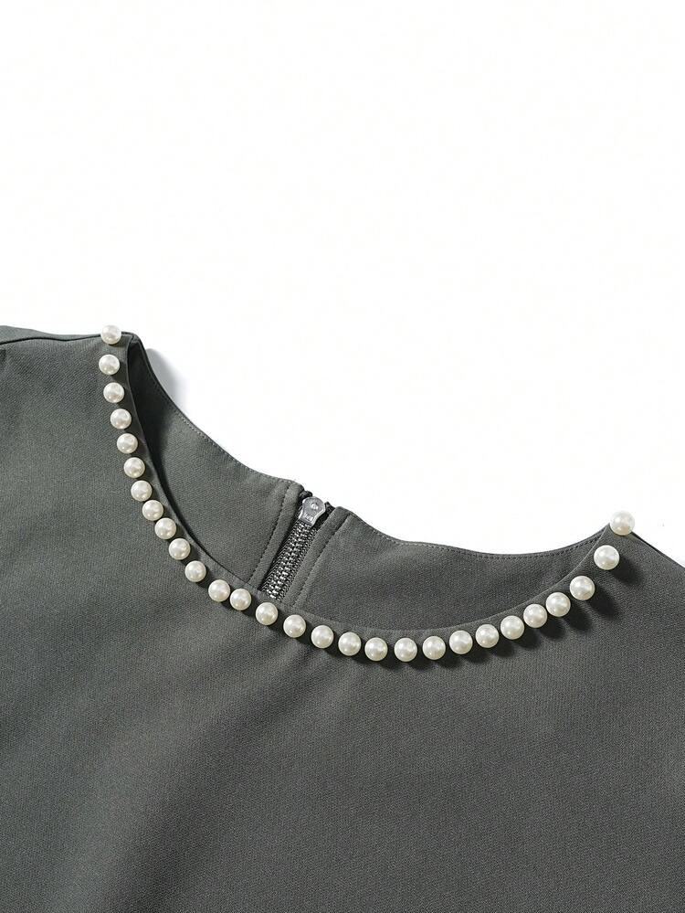 Modelyn Conjunto de 2 piezas de mujer talla grande con blusa de cuello redondo con decoración de perlas falsas y manga corta, y falda plisada con estampado floral, de moda para días festivos y uso diario - Verde - Añade 4