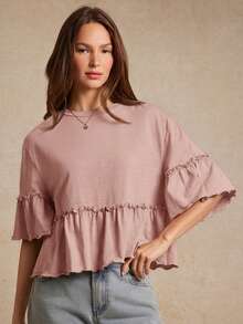 Slub Knit Crewneck Ruffle Sleeve Peplum T-Shirt Back To School Cute Fall Country Concert - Dusty Pink - View 3