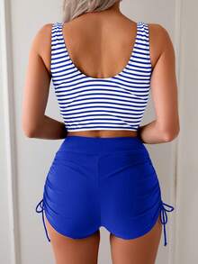 Swim Basics Hot Selling Striped Print Tankini Swimwear Set, Includes Tie-Side Swim Trunks And Camisole Top, Suitable For Beach Vacation, Pool Party - Multicolor - View 2