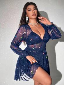 Viva Relle Đầm ngắn dáng chữ A tay dài cổ chữ V gợi cảm dành cho nữ cỡ lớn, thích hợp dự tiệc. - Màu xanh hải quân - Xem 4