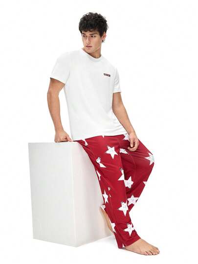 SHEIN Men's Casual Star Print Short Sleeve T-Shirt And Pants Loungewear Set