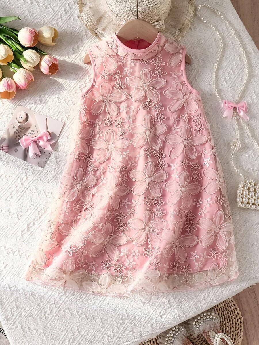 Elladie kids Young Girl' Solid Color Sleeveless Crew Neck Ruffle Hem Elegant Summer Dress - Pink - View 1