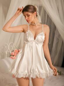 女士白色仿丝蕾丝拼接吊带睡衣，性感系带贞洁内衣吊带裙 - 白色 - 查看 4