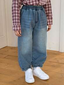 DAZY Pantalones vaqueros casuales para niños con cintura elástica y ajuste holgado con bolsillos - Azul - Ver 5