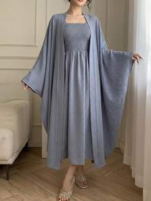 DAZY Bata elegante con textura fruncida para mujer, conjunto de 2 piezas, primavera/verano - Azul - Ver 5