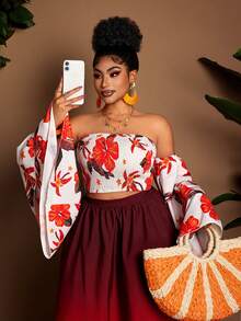 Maweii Plus Size Women's Elegant Floral Print Off-Shoulder Design With Ruffle Sleeves, Versatile Casual Blouse Suitable For Party, Date Night, Valentine's Day, Vacation - Multicolor - View 4
