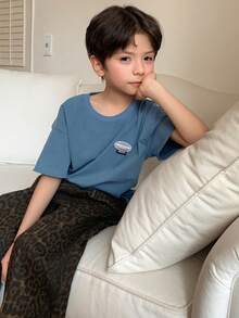 DAZY Camiseta de manga corta casual y holgada de cuello redondo y hombros caídos para niños pequeños en verano - Azul - Ver 5