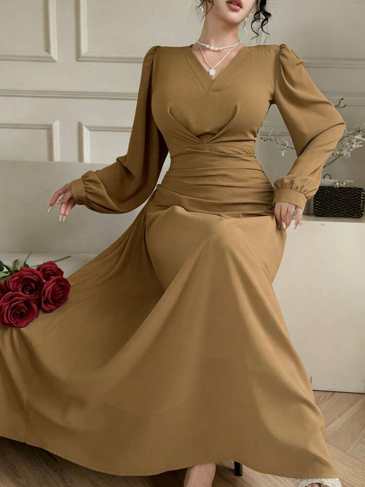 Women's Elegant Solid Color V-Neck Puff Sleeve Tie Waist Mid-Length Dress, Spring/Summer Wedding Guest Dress Maxi Dress Sundress